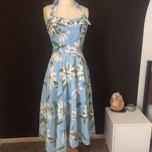 Retro Blue Floral Halter Vintage Style Dress Midi